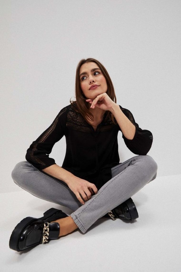 Bluzka damska z rękawem 3/4, czarna, Moodo