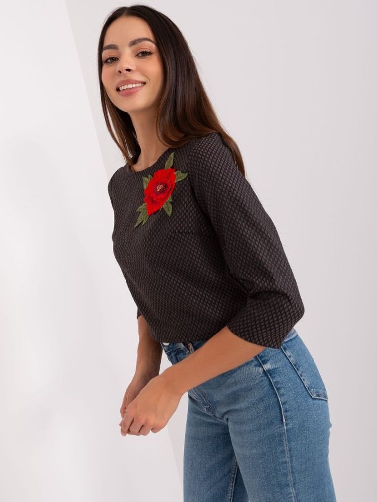 Bluzka damska z rękawem 3/4, wełniana, czarna, Lakerta