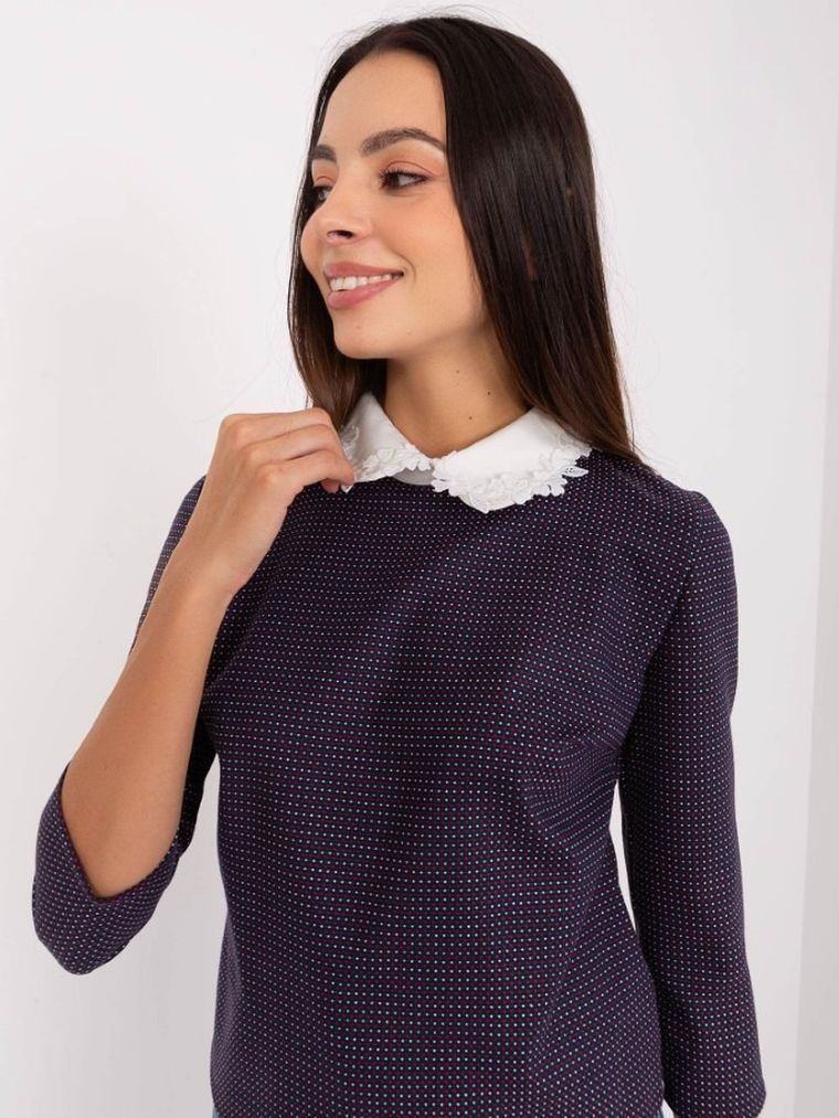 Bluzka damska z rękawem 3/4, wełniana, granatowa, Lakerta