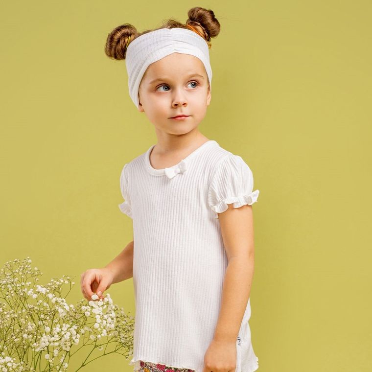 Bluzka dziewczęca z krótkim rękawem, prążkowana, ecru, Nicol