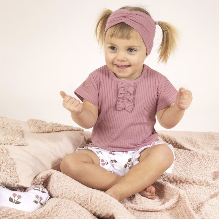 Bluzka dziewczęca z krótkim rękawem, prążkowana, różowa, Nicol