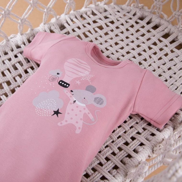 Body dziewczęce z krótkim rękawem, różowe, myszka, Eevi