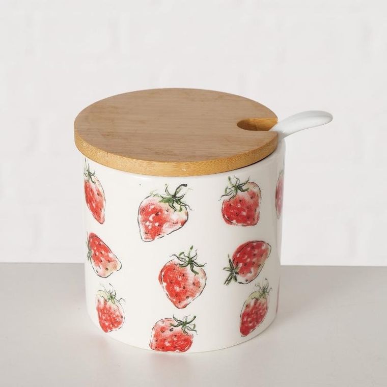 Boltze Home, ceramiczny pojemnik z łyżką i bambusową pokrywą, strawberry