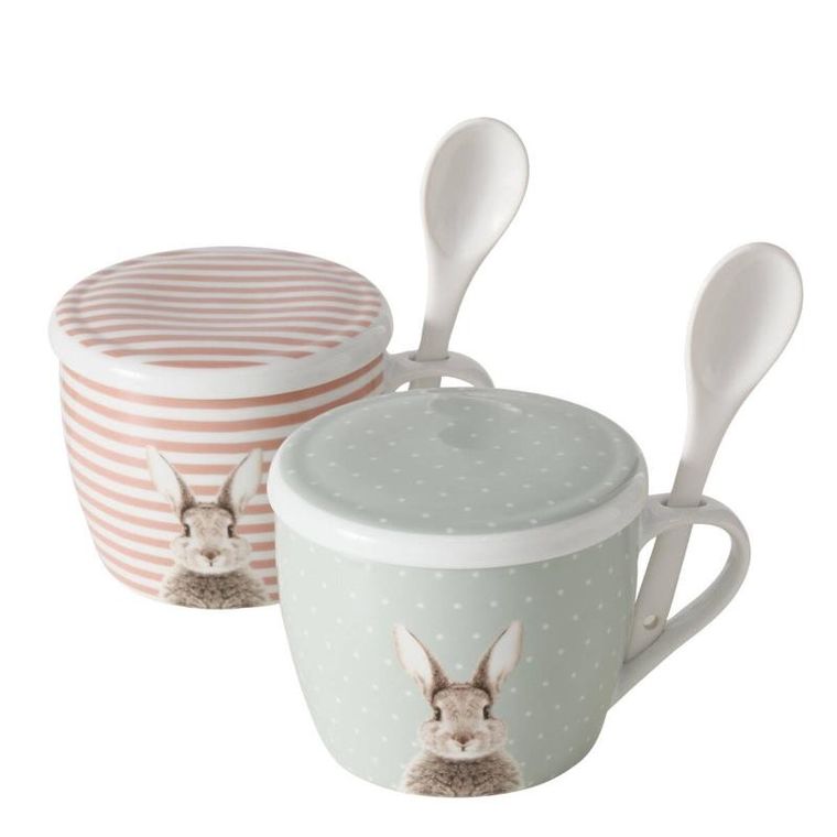 Boltze Home, kubek z pokrywką i z łyżeczką, Fluffy, porcelanowy, zajączek, 600 ml