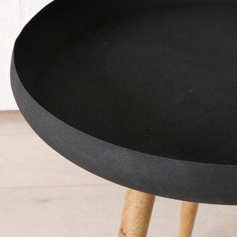 Boltze Home, stoliki kawowe loftowe z czarnym blatem i nogami z drewna mango, Masdour, 3 szt.