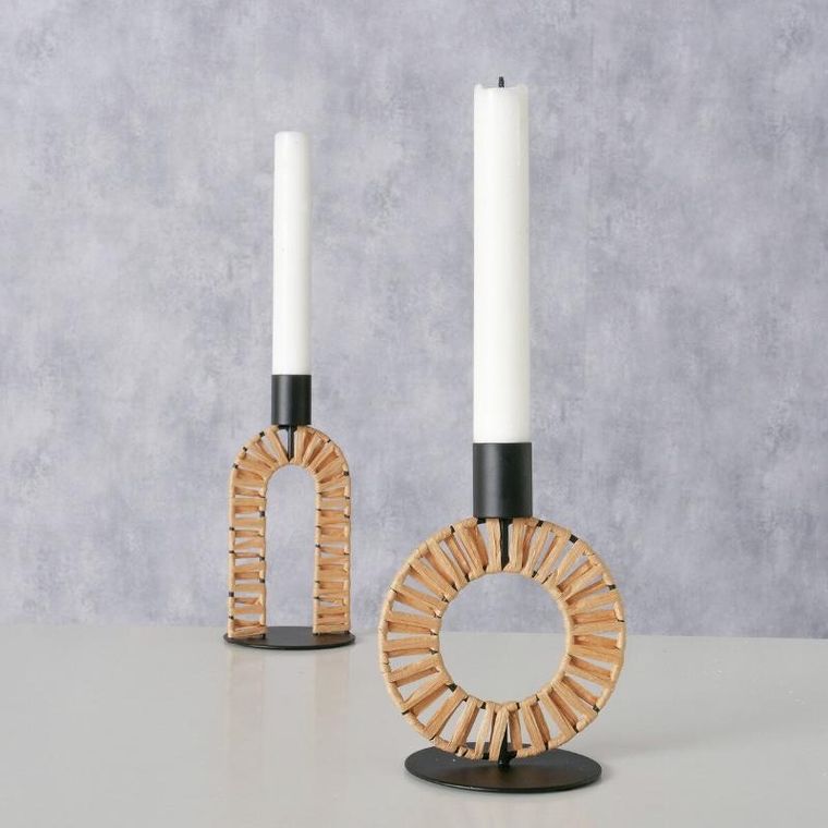 Boltze, metalowy świecznik ze słomkową plecionką, Toke, 16 cm