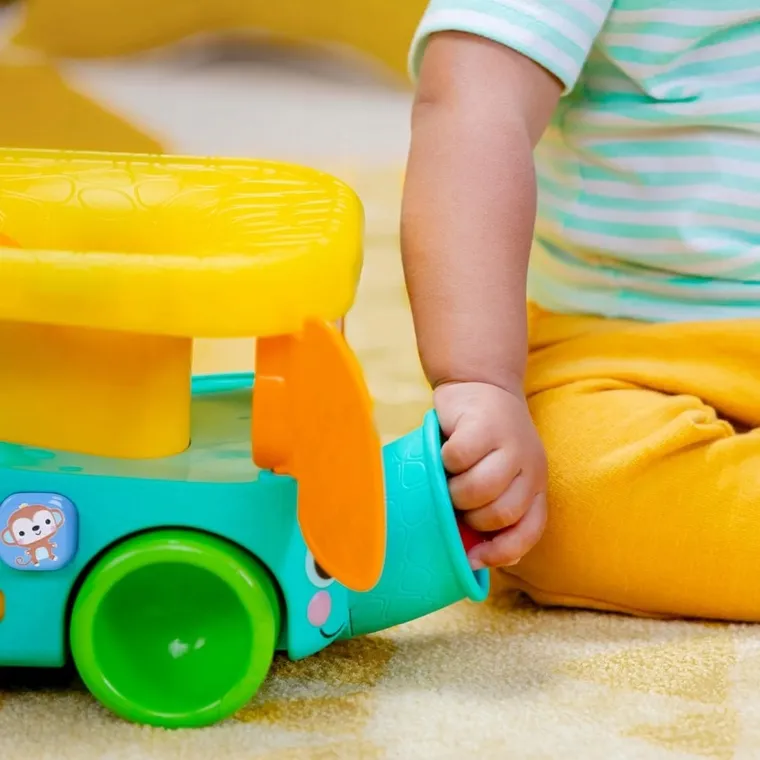 Bright Starts, Pop & Roll, Safari Bus, auto sorter z piłeczkami, słonik