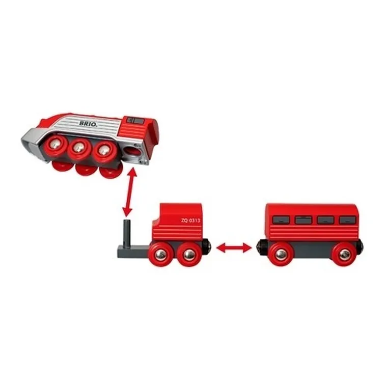 Brio World, futurystyczny pociąg z wagonami, zabawka drewniana