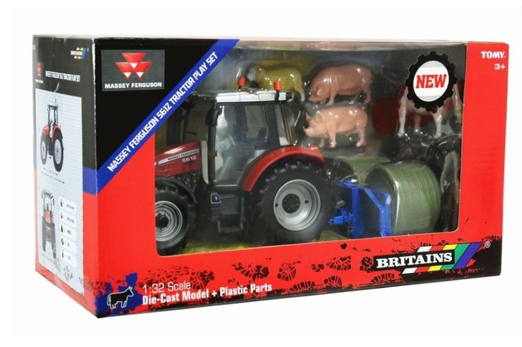 Britains, Massey Ferguson 5612, traktor z podnośnikiem do bel i figurkami zwierząt wiejskich, 1:32