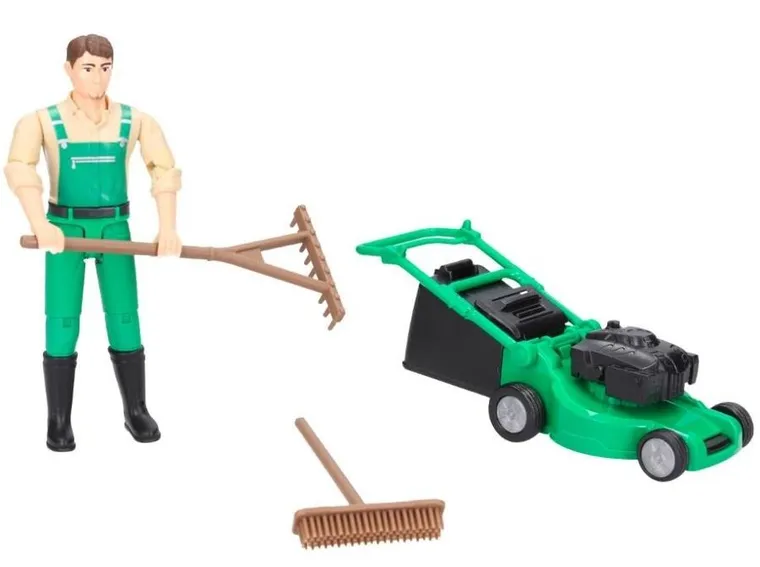 Bruder, figurka ogrodnika z kosiarką i akcesoriami