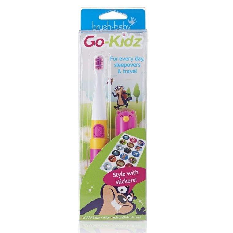 Brush-Baby, Go-Kidz, podróżna szczotka soniczna z naklejkami dla dzieci, różowa