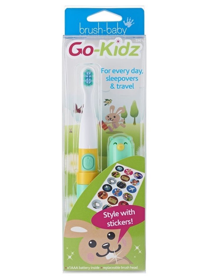 Brush-Baby, Go-Kidz, podróżna szczotka soniczna z naklejkami dla dzieci, zielona