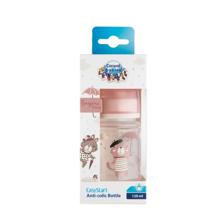 Canpol babies, EasyStart, Bonjour, butelka szeroka antykolkowa, różowa, 0m+, 120 ml