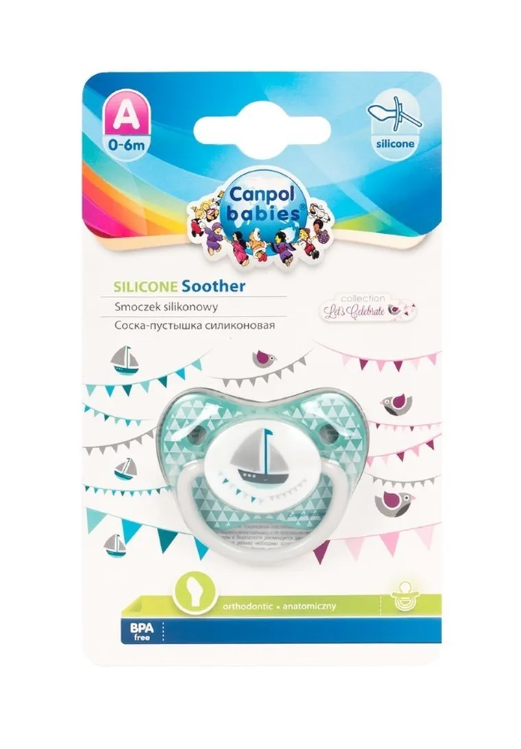 Canpol babies, Let's Celebrate, smoczek uspokajający, silikonowy, anatomiczny, 0-6m, niebieski