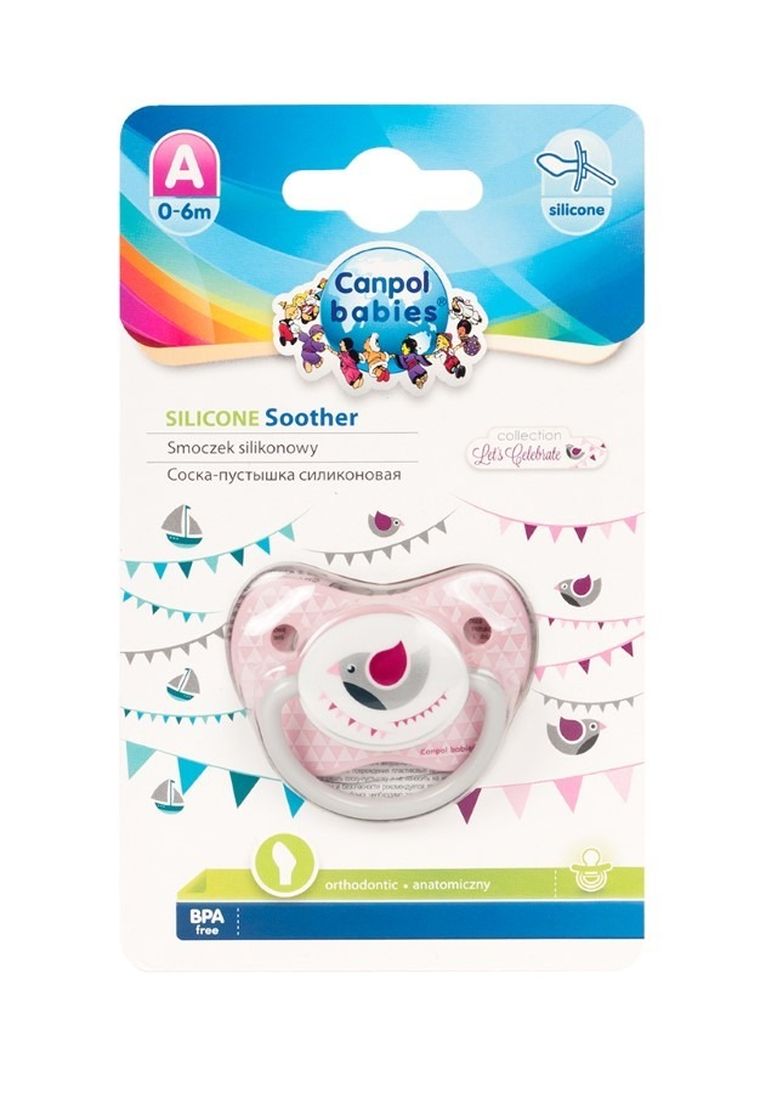 Canpol babies, Let's Celebrate, smoczek uspokajający, silikonowy, anatomiczny, 0-6m, różowy