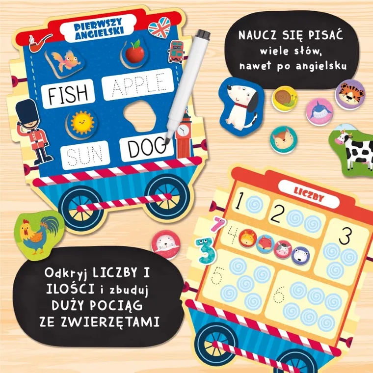 Carotina, Pociąg z grami edukacyjnymi, 8 gier z suchościeralnym pisakiem