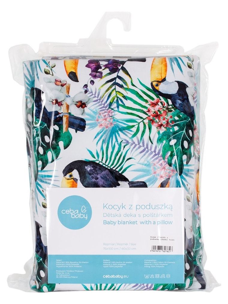 Ceba Baby, Flora & Fauna Tucan, zestaw: koc dziecięcy 75-100 cm + poduszka 30-40 cm