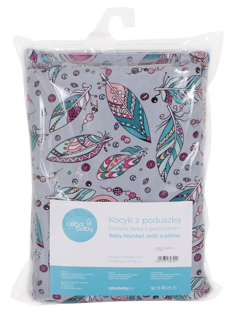 Ceba Baby, kocyk niemowlęcy z poduszką, jasnoszary, 75-100 cm