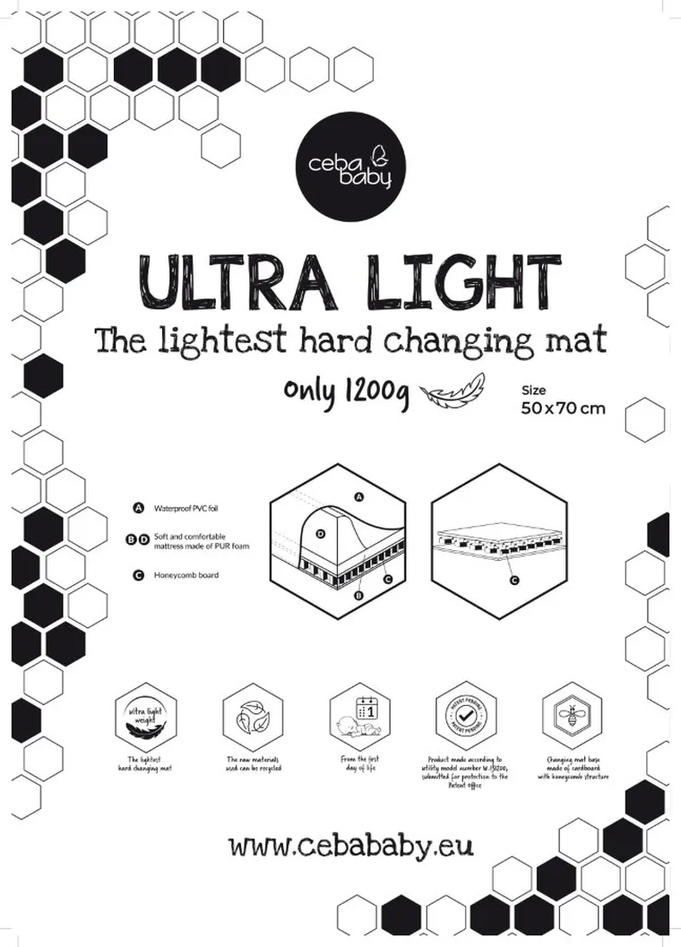 Ceba Baby, Ultra Light, Birthday Bunny, przewijak twardy, krótki, 50-70 cm