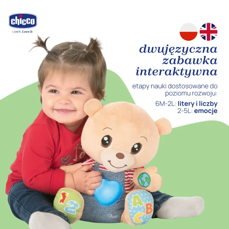 Chicco, Bilingual ABC, Teddy, Miś okazujący uczucia, zabawka edukacyjna, dwujęzyczna, 25 cm