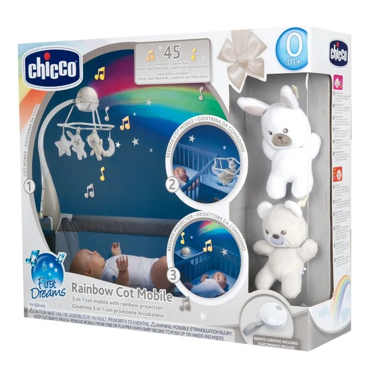 Chicco, First Dreams, karuzela na łóżeczko 3w1, rainbow, beżowa