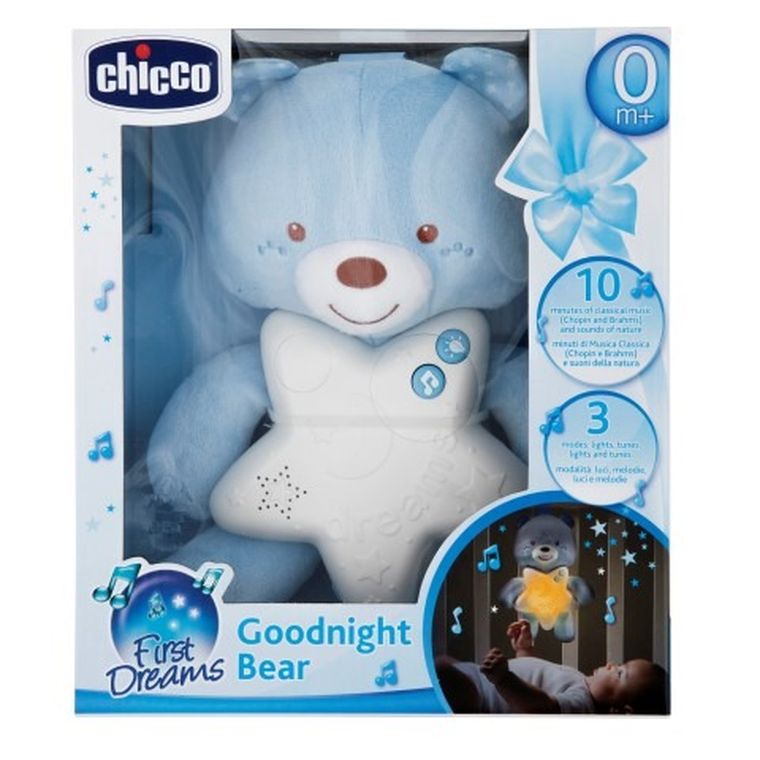 Chicco, First Dreams, lampka nocna, Miś na dobranoc, uspokajacz z dźwiękami, melodie, niebieski