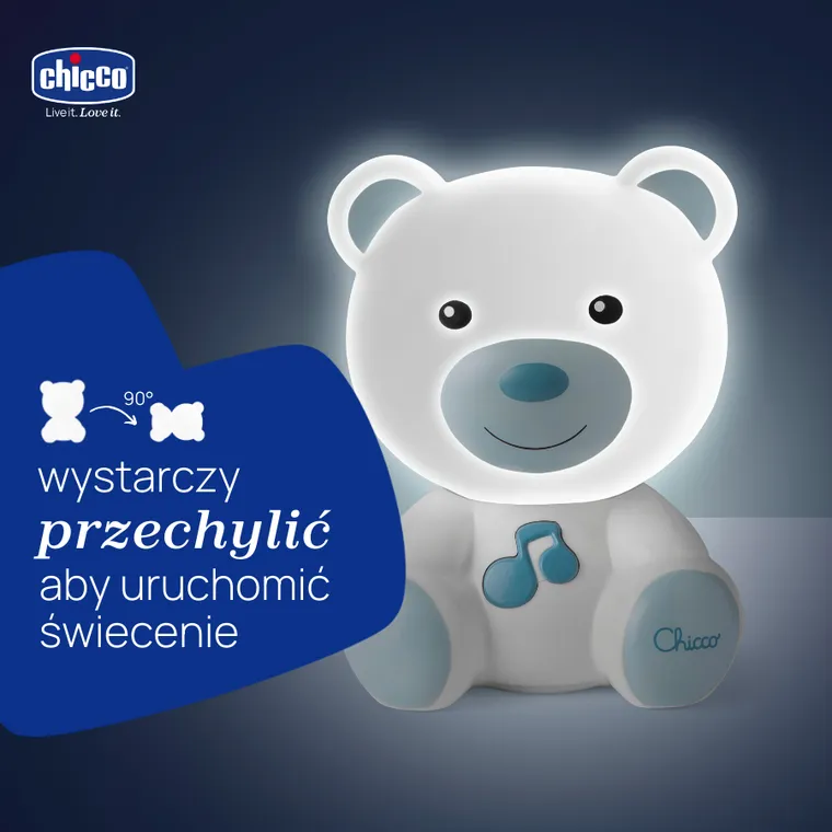 Chicco, First Dreams, lampka nocna Miś, niebieska, uspokajacz z dźwiękami