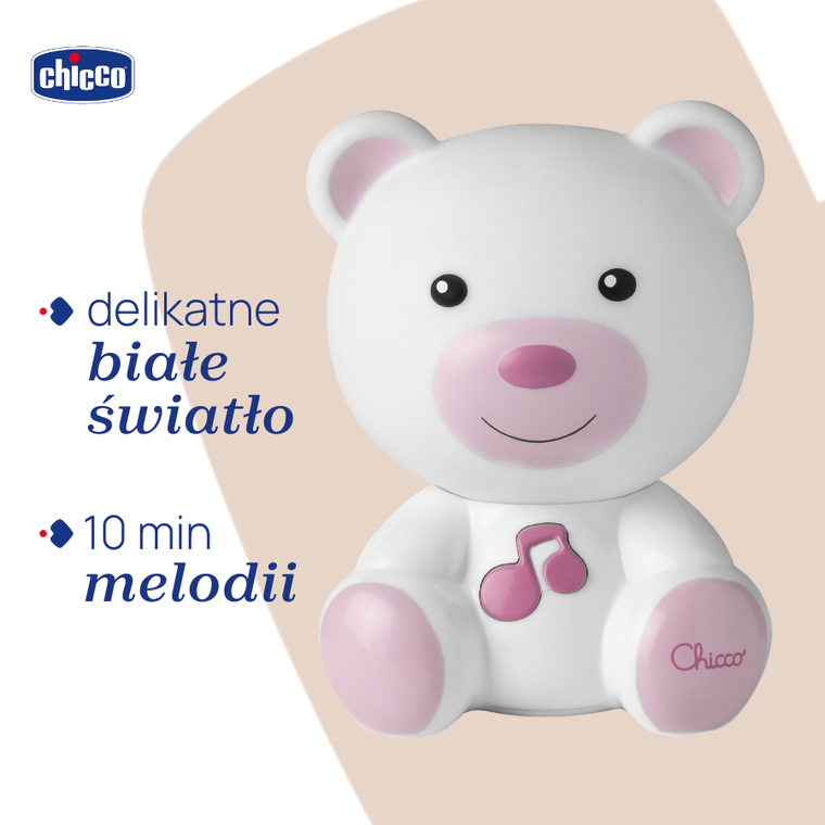 Chicco, First Dreams, lampka nocna Miś, różowa, uspokajacz z dźwiękami