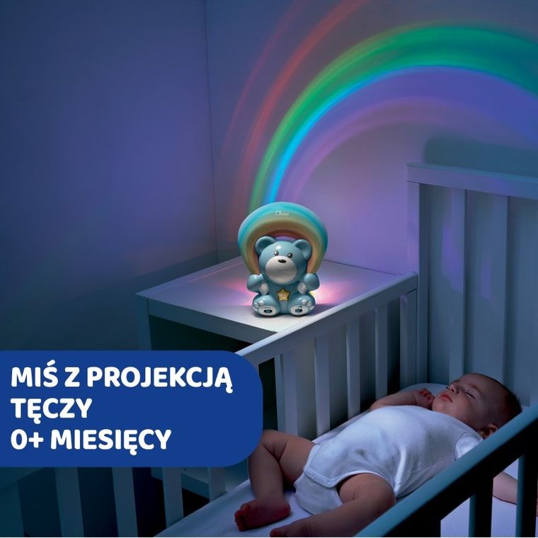 Chicco, First Dreams, Miś Rainbow, projektor z muzyką, uspokajacz, niebieski