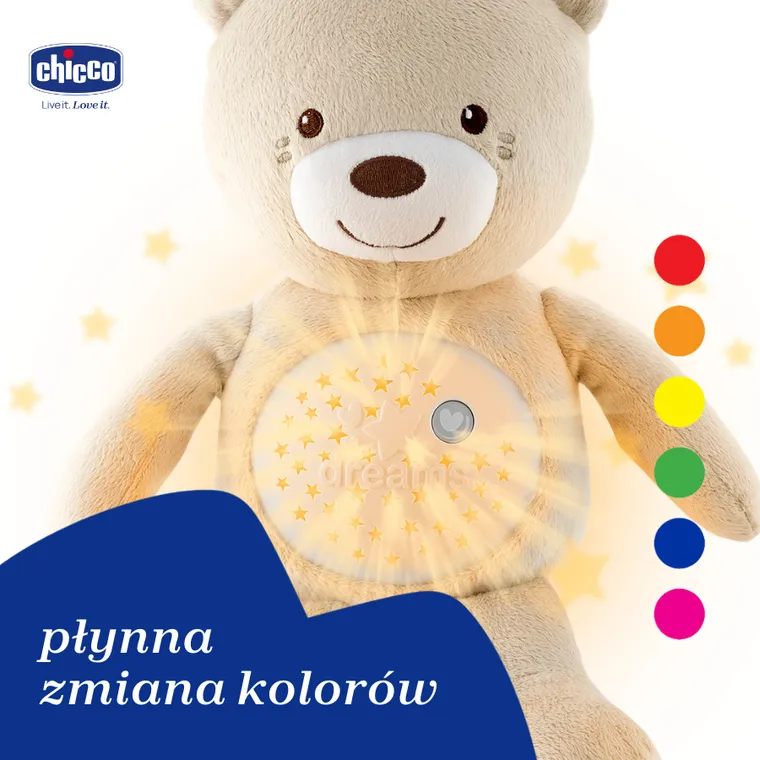 Chicco, First Dreams, Miś z Projektorem, maskotka, uspokajacz z dźwiękami, muzyka klasyczna, beżowy