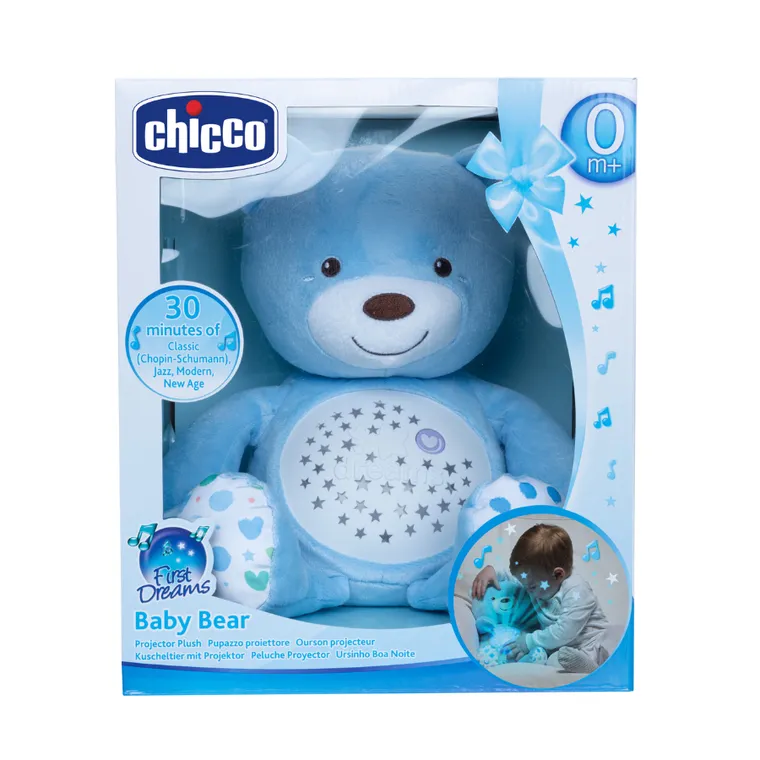 Chicco, First Dreams, Miś z Projektorem, maskotka, uspokajacz z dźwiękami, muzyka klasyczna, niebieski