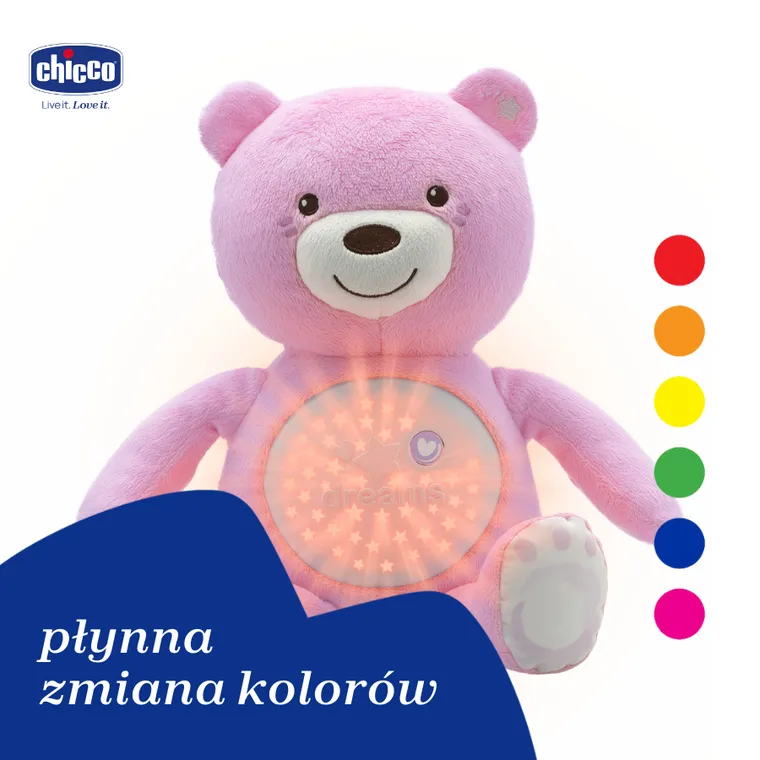 Chicco, First Dreams, Miś z Projektorem, maskotka, uspokajacz z dźwiękami, muzyka klasyczna, różowy