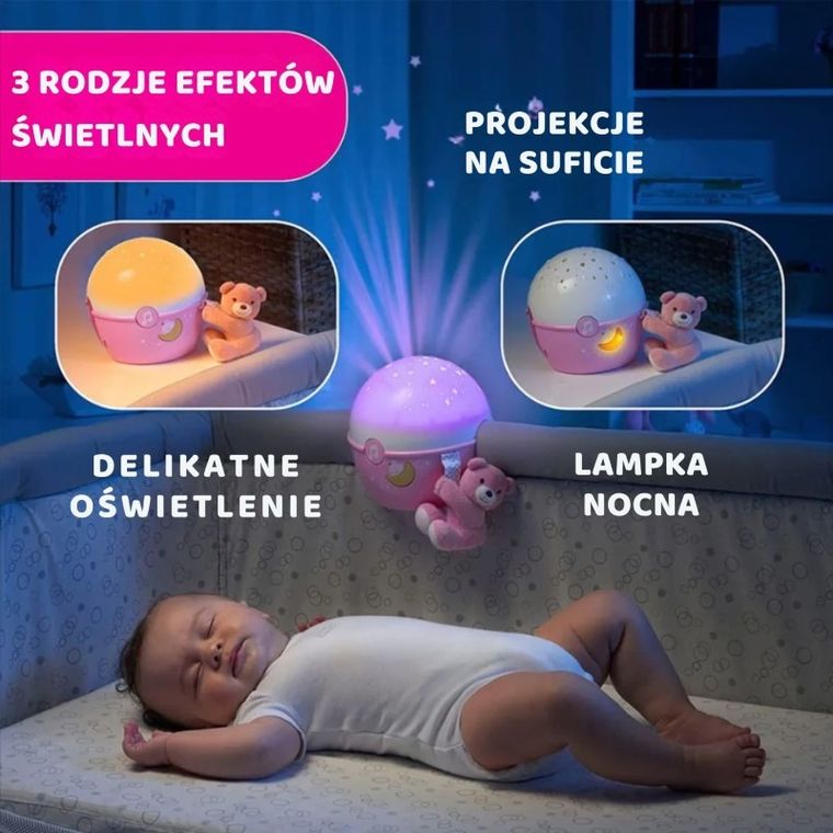 Chicco, First Dreams, Next2stars, projektor na łóżeczko z muzyką klasyczną, uspokajacz, czujnik płaczu, różowy