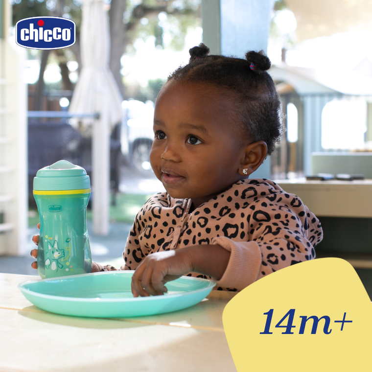 Chicco, kubek treningowy, niekapek, termiczny z twardym ustnikiem, turkusowy, 14m+, 266 ml