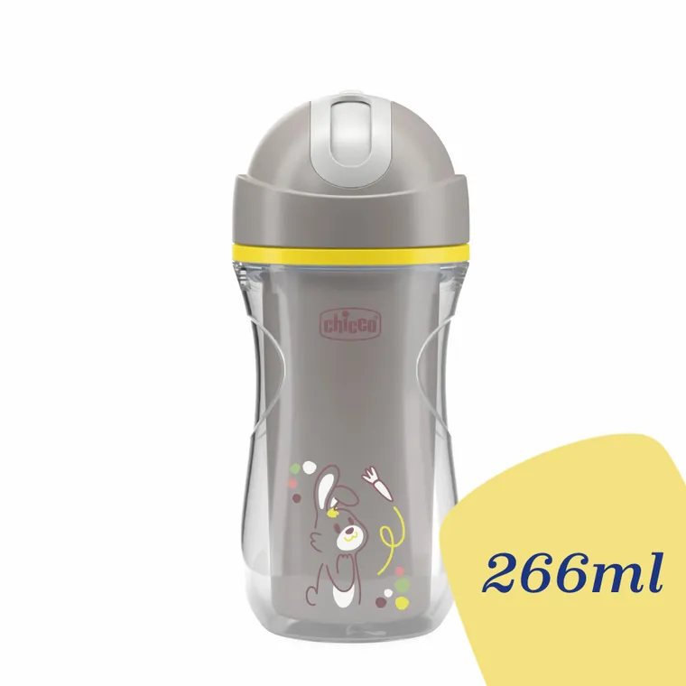 Chicco, kubek treningowy, niekapek, termiczny ze słomką, szary, 14m+, 266 ml