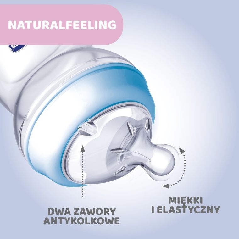 Chicco, NaturalFeeling, butelka plastikowa, przepływ wolny, niebieska, 0m+, 150 ml
