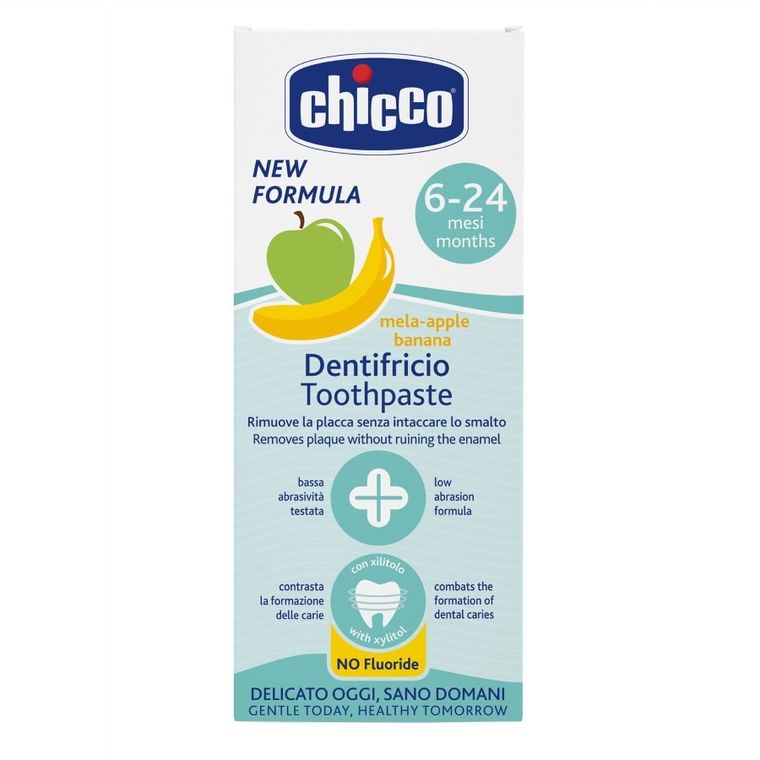 Chicco, pasta do zębów o smaku jabłkowo-bananowym, bez fluoru, 50 ml, 6-24 m
