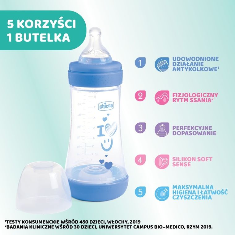 Chicco, Perfect5, butelka antykolkowa, blue, 2m+, 240 ml