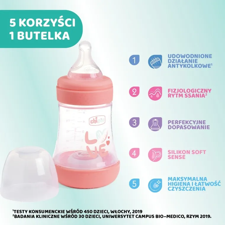 Chicco, Perfect5, butelka antykolkowa, pink, 0m+, 150 ml