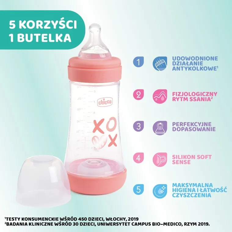 Chicco, Perfect5, butelka antykolkowa, pink, 2m+, 240 ml