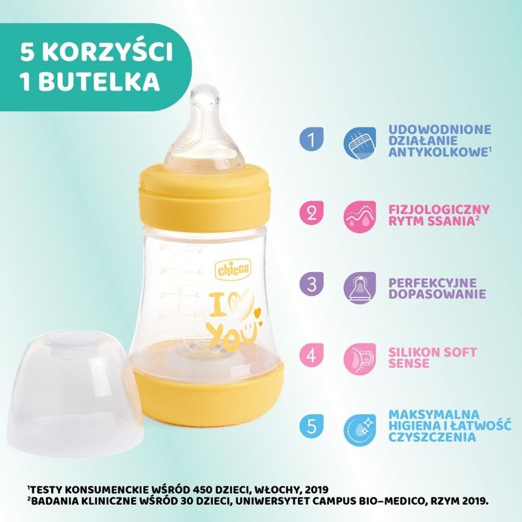 Chicco, Perfect5, butelka antykolkowa, yellow, 0m+, 150 ml