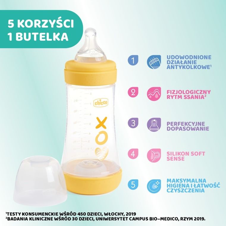 Chicco, Perfect5, butelka antykolkowa, yellow, 2m+, 240 ml