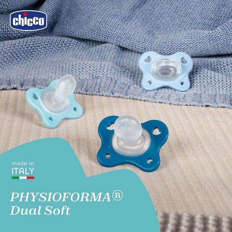 Chicco, PhysioForma Dual Soft, smoczek uspokajający, silikonowy, niebieski, 6-16m, 2 szt.