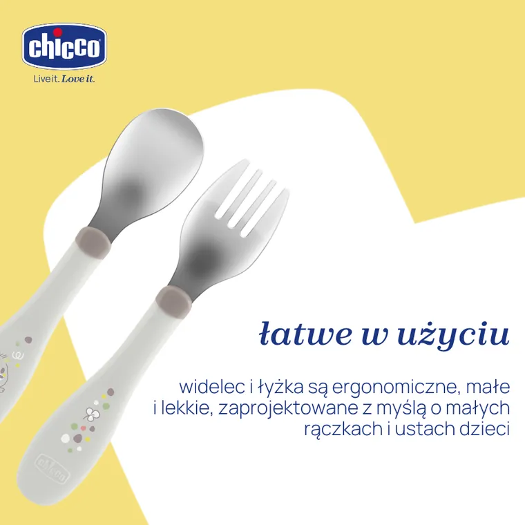 Chicco, sztućce metalowe, szare, 18m+