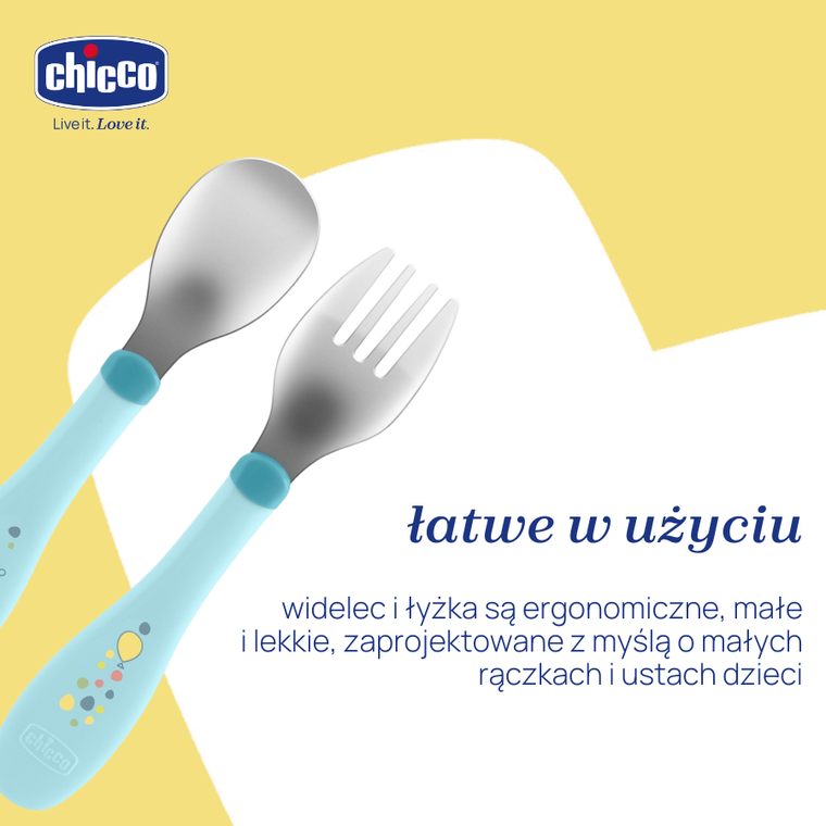 Chicco, sztućce metalowe, turkusowe, 18m+