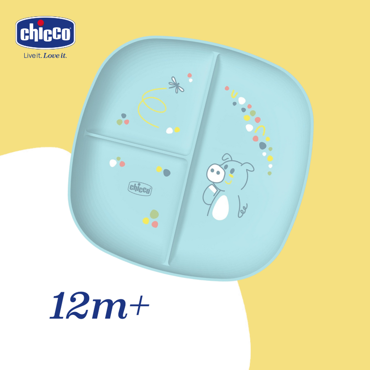 Chicco, talerz 3-dzielny, niebieski, 12m+