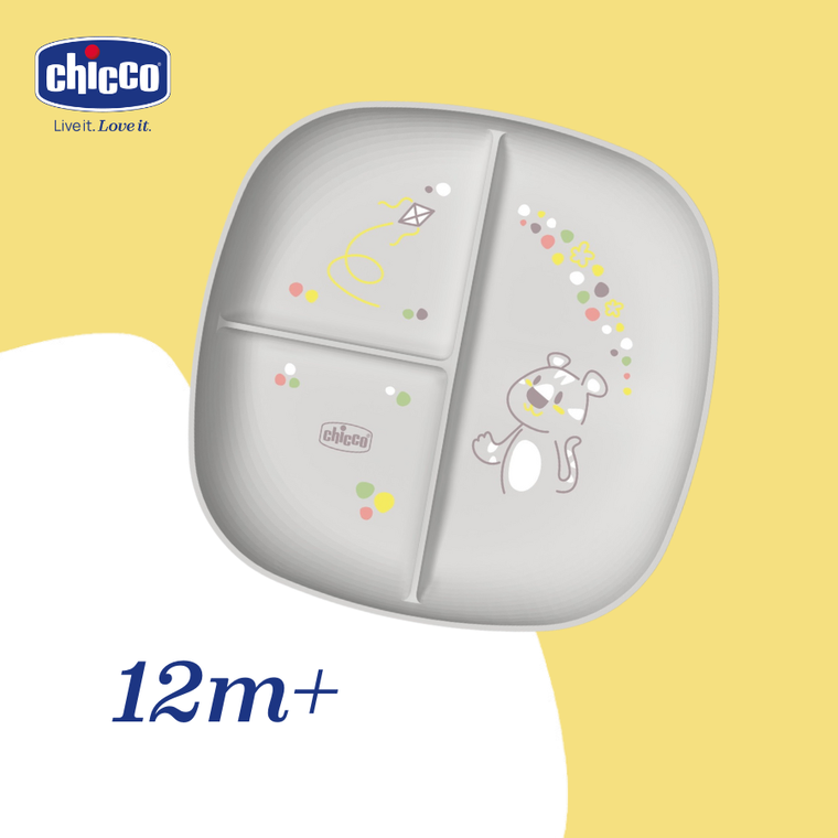 Chicco, talerz 3-dzielny, szary, 12m+