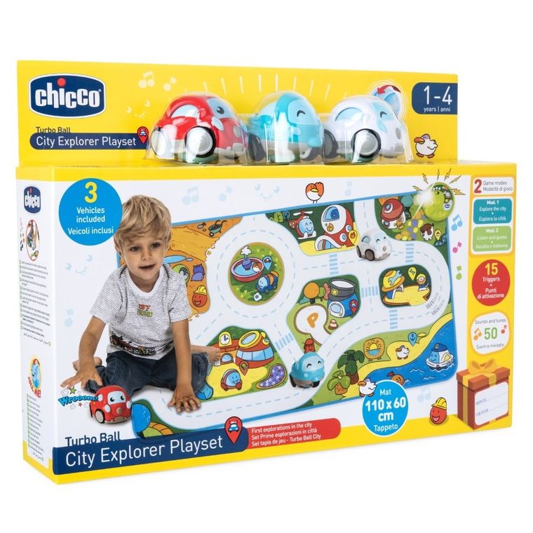 Chicco, Turbo Ball, Miasto, mata elektroniczna z 3 samochodzikami, 60-110 cm