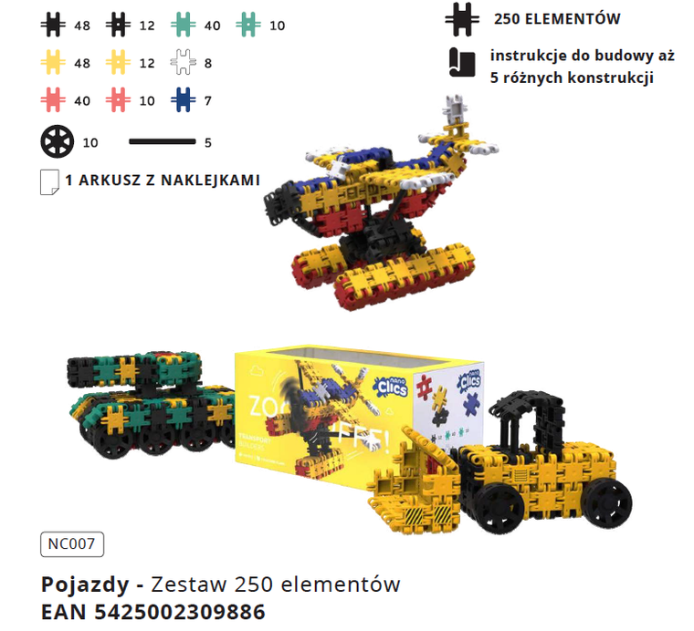 Clics, Nano, Pojazdy, klocki konstrukcyjne, 250 elementów