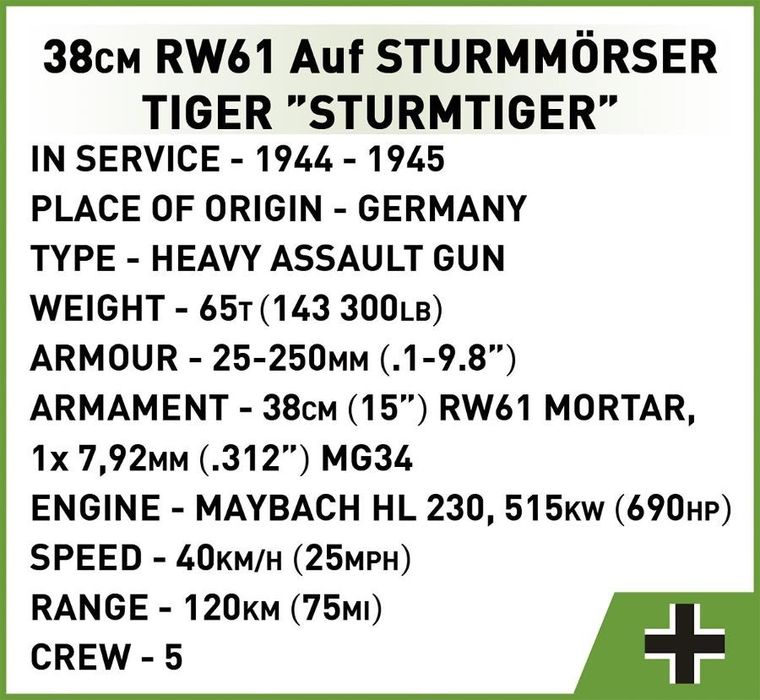 Cobi, Historical Collection WW II, 38 cm Sturmmorser Sturmtiger, klocki, 1:28, 1100 elementów